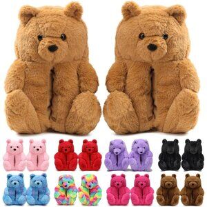 Women's Cute Fuzzy Brown Teddy Bear Slippers Cozy Cartoon Indoor Shoes